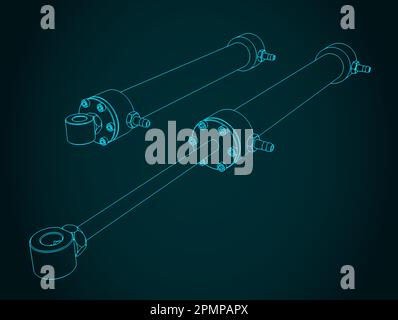 Stylized vector illustration of blueprint of hydraulic cylinder Stock Vector
