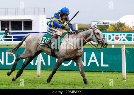 Liverpool, UK. 14th Apr, 2023. Bill Baxter ridden by Sam Twiston-Davies wins The Topham Handicap Chase during the Randox Grand National festival 2023 Ladies Day at Aintree Racecourse, Liverpool, United Kingdom, 14th April 2023 (Photo by Conor Molloy/News Images) in Liverpool, United Kingdom on 4/14/2023. (Photo by Conor Molloy/News Images/Sipa USA) Credit: Sipa USA/Alamy Live News Stock Photo