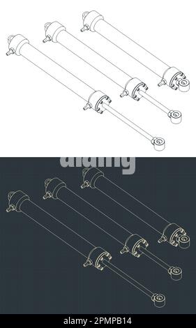 Stylized vector illustration of isometric blueprints of hydraulic cylinder Stock Vector