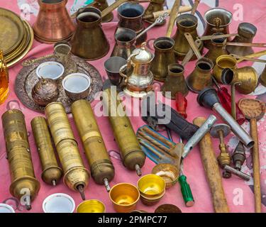 Turkish Style Copper Coffee Pots and Manual Brass Grinder Set Stock Photo