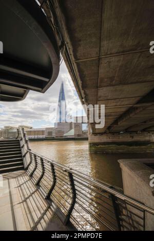 Architectural semi abstract view along the River Thames, London, with the Shard as a focal point. Good sky, high resolution with negative space Stock Photo