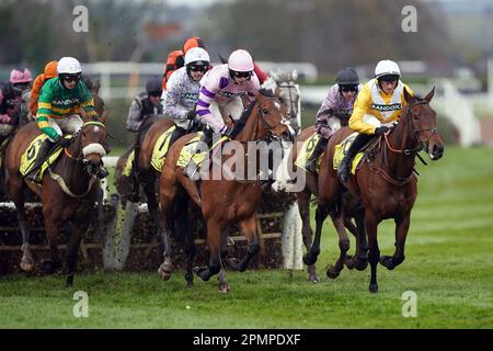 Runners and riders during the Winners Wear Cavani Sefton Novices' Hurdle on day two of the Randox Grand National Festival at Aintree Racecourse, Liverpool. Picture date: Friday April 14, 2023. Stock Photo