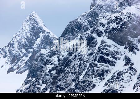 Snow-covered jagged mountain peak above Lilliehook Glacier; Spitsbergen, Svalbard Archipelago, Norway Stock Photo