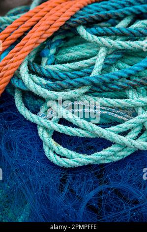 Fishing lines and nets in the fishing village of Lovund; Lovund Island, Norway Stock Photo