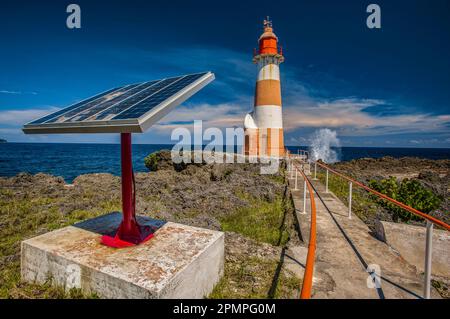 Solar panel next to the walkway at Folly Point Lighthouse; Port Antonio, Jamaica Stock Photo