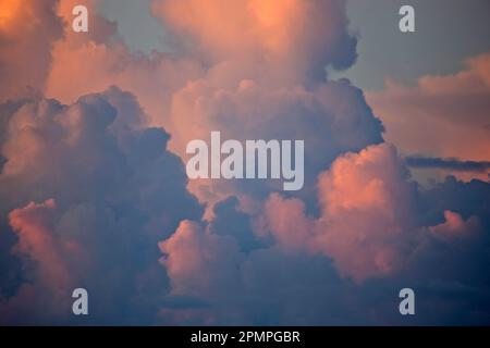 Large billowing clouds glowing at twilight; Seychelles Stock Photo