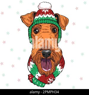 vector fashion hipster dog Airedale Terrier in christmas hat and scarf Stock Vector