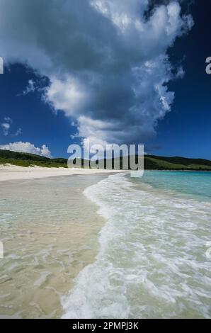 Strip of cumulus clouds follows this receding, tropical shoreline; Culebra Island, Puerto Rico, West Indies Stock Photo