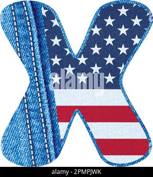 The Vector letter X with the texture of blue jean fabric and US flag - The Monogram X with denim fabric and American flag- jean alphabet X Stock Vector