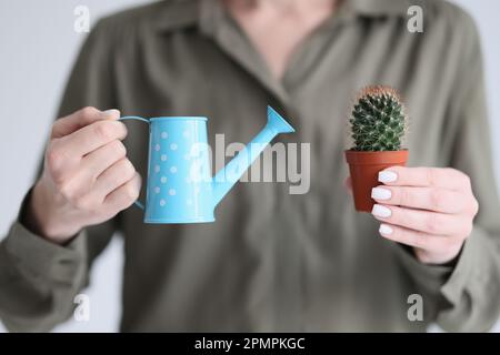 Woman holds watering can and decorative cactus in hands Stock Photo