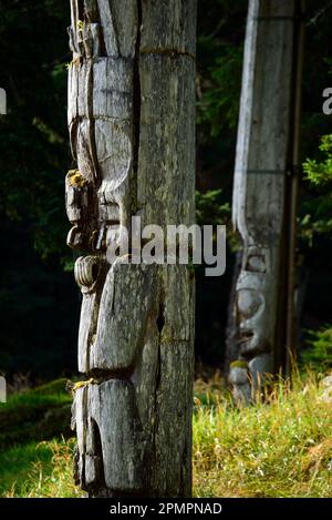Two totem poles at SGang Gwaay Llanagaay, Ninstints in English, an abandoned Haida village site on Anthony Island Stock Photo