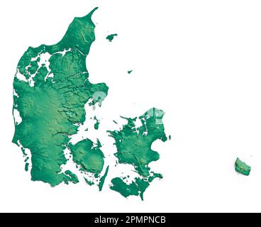 Denmark. Detailed 3D rendering of a shaded relief map with rivers and lakes. Colored by elevation. White background. Created with satellite data. Stock Photo