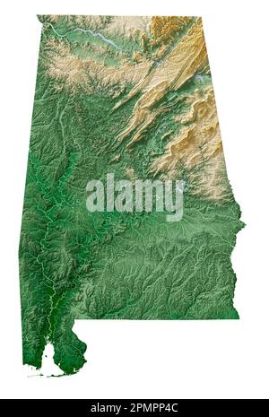 The US state of Alabama. Highly detailed 3D rendering of shaded relief map with rivers and lakes. Colored by elevation. Created with satellite data. Stock Photo