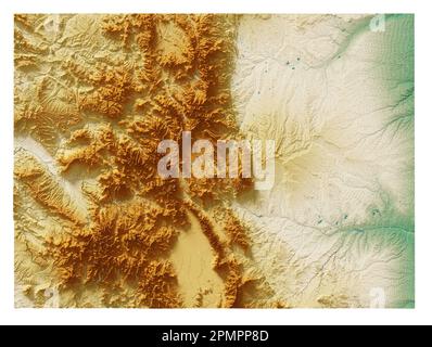 The US state of Arkansas. Highly detailed 3D rendering of shaded relief map with rivers and lakes. Colored by elevation. Created with satellite data. Stock Photo