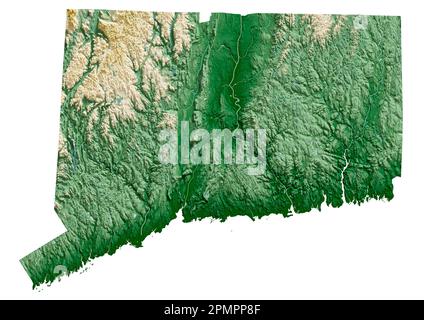 The US state of Connecticut. Detailed 3D rendering of shaded relief map with rivers and lakes. Colored by elevation. Created with satellite data. Stock Photo