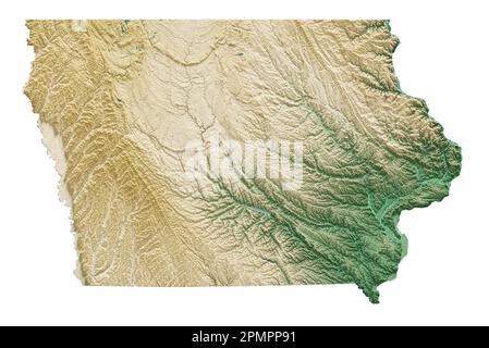 The US state of Iowa. Highly detailed 3D rendering of shaded relief map with rivers and lakes. Colored by elevation. Created with satellite data. Stock Photo