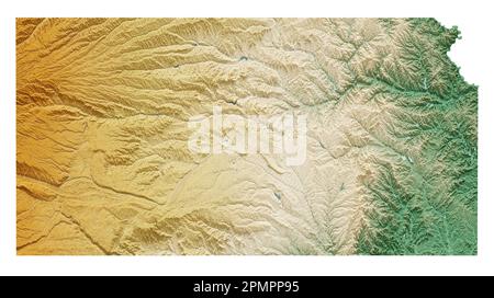 The US state of Kansas. Highly detailed 3D rendering of shaded relief map with rivers and lakes. Colored by elevation. Created with satellite data. Stock Photo