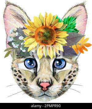Cute cat with sunflower. Cat for t-shirt graphics. Watercolor Savannah cat illustration Stock Photo