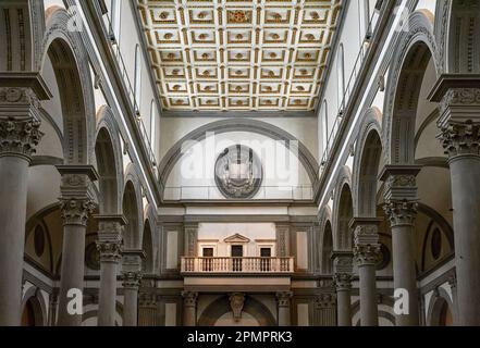 The balcony on the interior west wall designed by Michelangelo in San Lorenzo Basilica in Florence, Italy Stock Photo