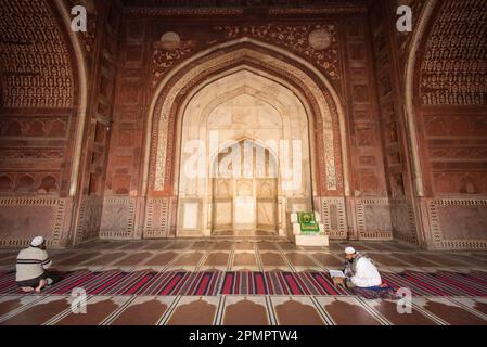 Men praying in the Mosque by the main tomb of the Taj Mahal; Agra, India Stock Photo