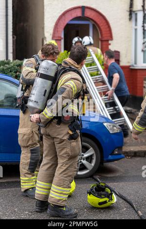 Westborough Road, Westcliff on Sea, Essex, UK. 14th Apr, 2023. Three fire appliances from Essex County Fire & Rescue Service are on scene for a house fire where much of the upper floor flat has burnt out. Fire fighters using breathing apparatus have entered the property. Stock Photo