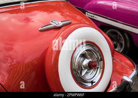 Close-up detail of classic vintage cars parked; Havana, Cuba Stock Photo