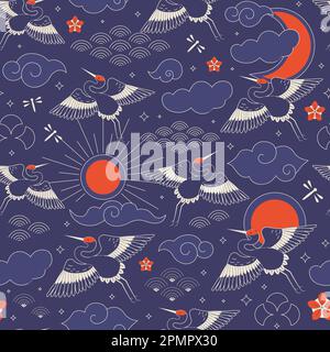 Japanese Red Crowned Cranes Vintage Pattern Stock Vector