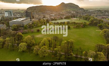 Aerial view of Edinburgh's Meadows in bloom. Stock Photo