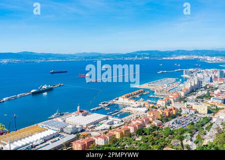 View of Gibraltar town and Spain across the Gibraltar Bay from the Upper Rock. UK Stock Photo