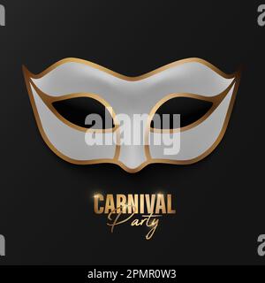 Vector 3d Realistic White and Golden Carnival Face Mask on Black Background. Mask for Party, Masquerade Closeup. Design Template of Mask. Carnival Stock Vector