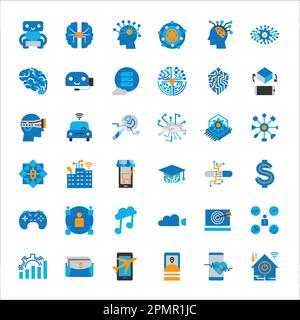 Innovative artificial intelligence and technology icon set in flat color style, designed to represent the latest advancements in AI and technology, ve Stock Vector