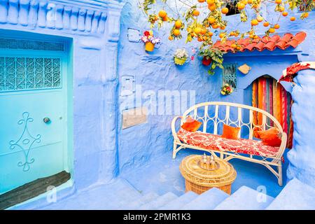 Mint tea hospitality in Chefchaouen.Its a city in northwest Morocco. It is the chief town of the province of the same name, and is noted for its build Stock Photo