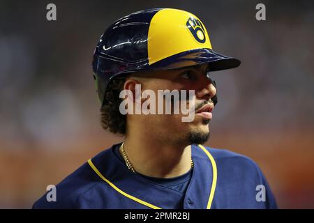 PHOENIX, AZ - APRIL 11: Milwaukee Brewers designated hitter Christian Yelich  (22) drinks out of a Gatorade cup during a regular season game between the  Milwaukee Brewers and Arizona Diamondbacks on April