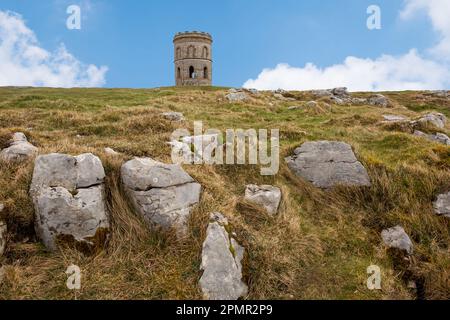 Solomon's Temple, also known as Grinlow Tower, is a Victorian folly on the summit of Grin Low hill, near the town of Buxton in the Peak District Stock Photo