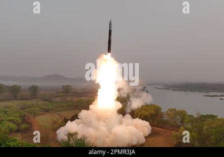 Unknown, North Korea. 14th Apr, 2023. This photo provided April 14, 2023, by the North Korean government, shows what it says is the test-launch of Hwasong-18 intercontinental ballistic missile Thursday, April 13, 2023 at an undisclosed location, North Korea. Photo by Office of the North Korean government press service/UPI Credit: UPI/Alamy Live News Stock Photo