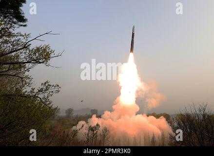 Unknown, North Korea. 14th Apr, 2023. This photo provided April 14, 2023, by the North Korean government, shows what it says is the test-launch of Hwasong-18 intercontinental ballistic missile Thursday, April 13, 2023 at an undisclosed location, North Korea. Photo by Office of the North Korean government press service/UPI Credit: UPI/Alamy Live News Stock Photo