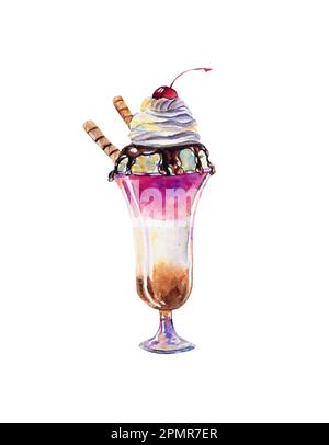 Milkshake with chocolate syrup and cherries, with wafer rolls, isolated on a white background. Watercolor illustration. Design element for menus, gree Stock Photo