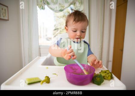 Cute baby eating first solid food, infant sitting in high chair. Child tasting vegetables at the table, discovering new food. Cozy kitchen interior. Stock Photo