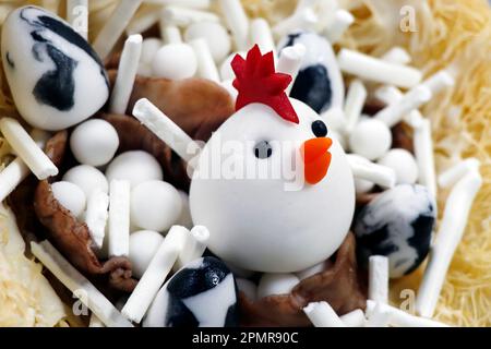 Funny easter marzipan art chicken cake dessert Stock Photo
