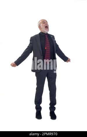screaming man with open mouth and raised arms on white background Stock Photo