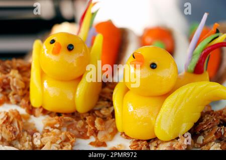 marzipan art chicken bird cake dessert, easter speciality Stock Photo