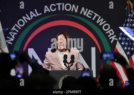 Vice President Kamala Harris speaks at the National Action Network (NAN) conference at the Sheraton Hotel on April 14, 2023 in New York City. Stock Photo