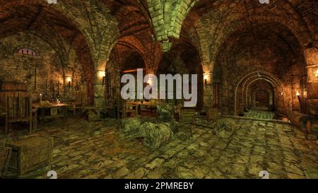 Ancient medieval dungeon with stone arched ceiling, wooden tables and chairs, lit by candle and fire torch. 3D rendering. Stock Photo