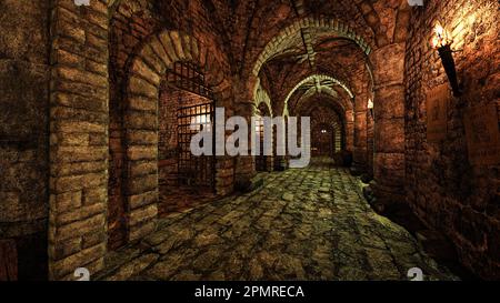 Old medieval castle dungeon tunnel with a row of prison cells, lit by torch flame. 3D rendering. Stock Photo