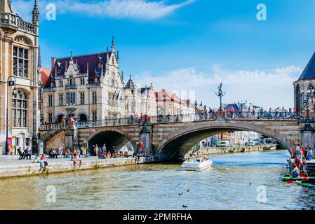St. Michael Bridge. The bridge is located over the Leie river, on the south side of the Graslei and Korenlei. Ghent, East Flanders, Flemish Region, Be Stock Photo