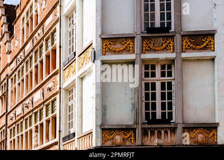 Ornate facade of the historic center of Ghent. Ghent, East Flanders, Flemish Region, Belgium, Europe Stock Photo