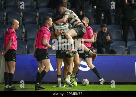 Carlos Tuimavave #3 of Hull FC celebrates his try and makes the score 30-4 in the second half of the Betfred Super League Round 9 match Leeds Rhinos vs Hull FC at Headingley Stadium, Leeds, United Kingdom, 14th April 2023  (Photo by James Heaton/News Images) Stock Photo