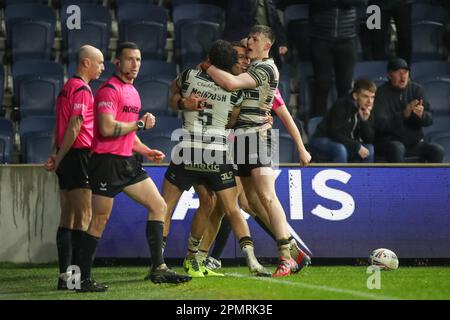 Carlos Tuimavave #3 of Hull FC celebrates his try and makes the score 30-4 in the second half of the Betfred Super League Round 9 match Leeds Rhinos vs Hull FC at Headingley Stadium, Leeds, United Kingdom, 14th April 2023  (Photo by James Heaton/News Images) Stock Photo