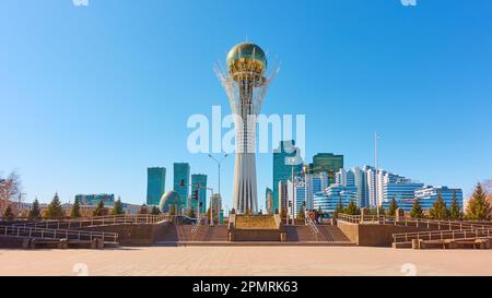 Astana (Nur-Sultan), Kazakhstan - April 2, 2023:  Panoramic view of Astana city with Baiterek tower Stock Photo