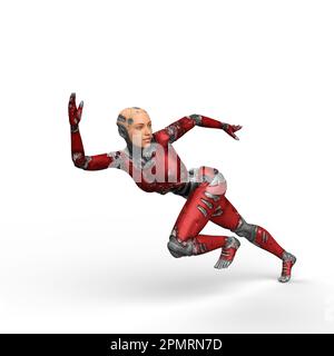 Futuristic female cyborg with red metallic body running amd looking back. 3D illustration isolated on a white background. Stock Photo